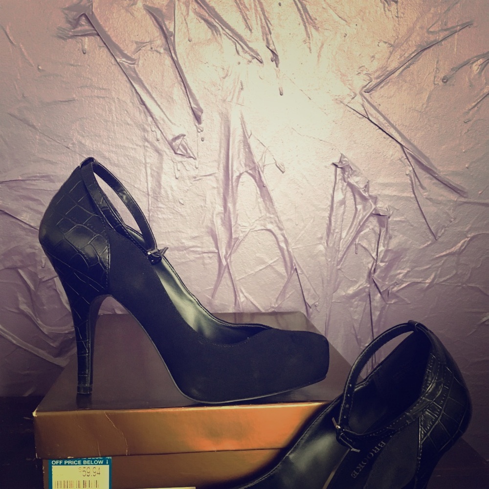 Black Stiletto Covered Platform Ankle Strap Pump
